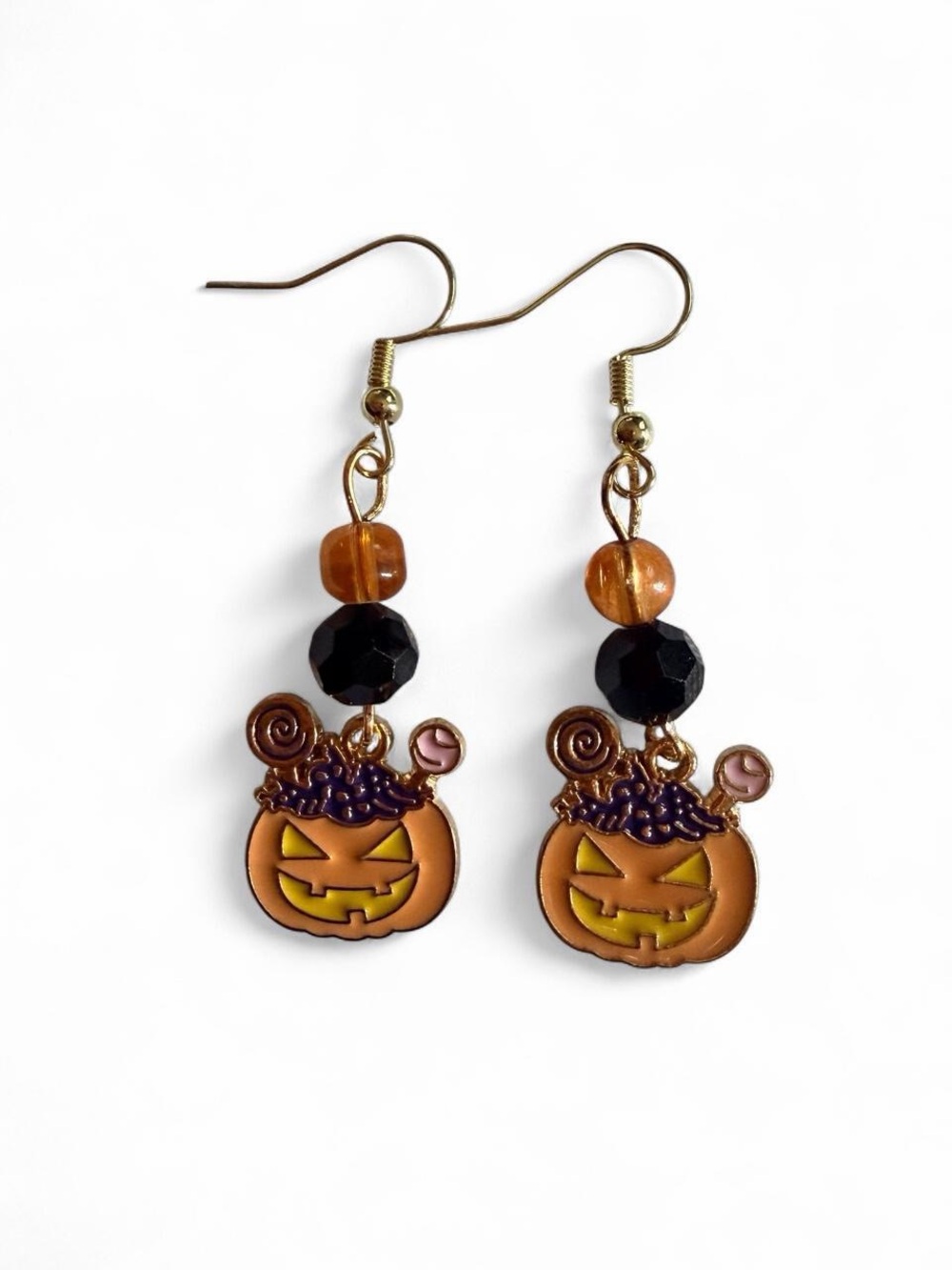 Handmade Halloween Jack o Lantern Candy Bucket Dangle Earrings Spooky